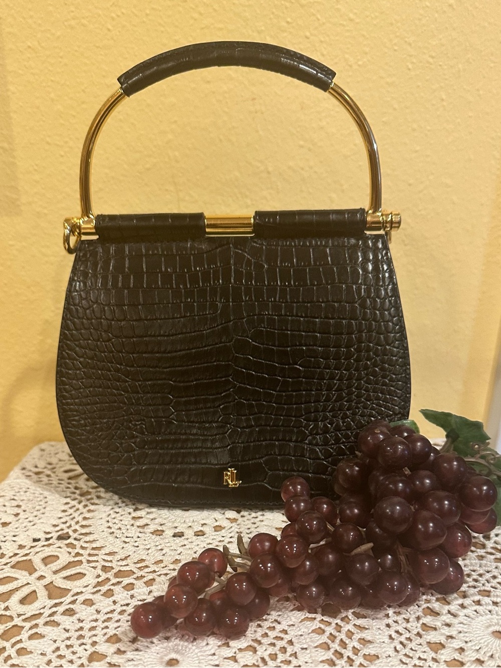 Vintage Lauren Ralph Lauren Mason Black Croc-Embossed Leather Satchel Top-Handle